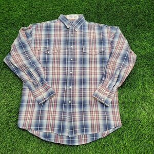 Vintage 70s Wrangler Western Shadow Plaid Shirt Large 21x29 Blue